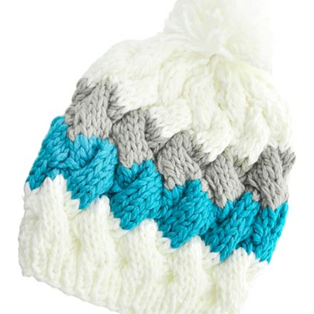 Teal, Grey & White Crochet Pom Pom Beanie Cap